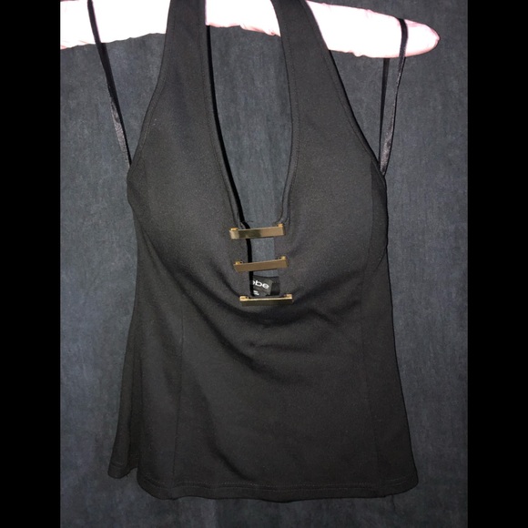 Black Bebe halter top with Golden Trim Metal Bars - Picture 2 of 9